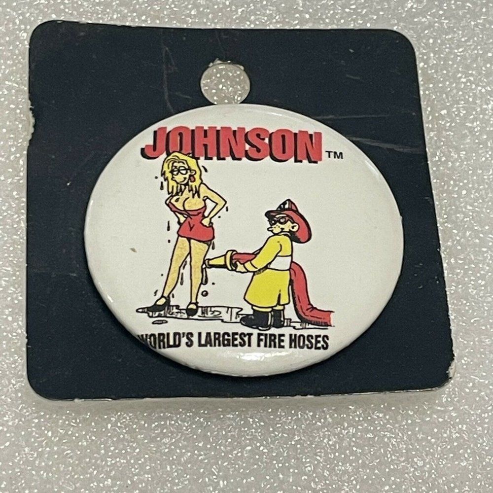 Vtg 1994 Big Johnson Worlds Largest Fire Hose Pin Back Button Fireman Large Boob
